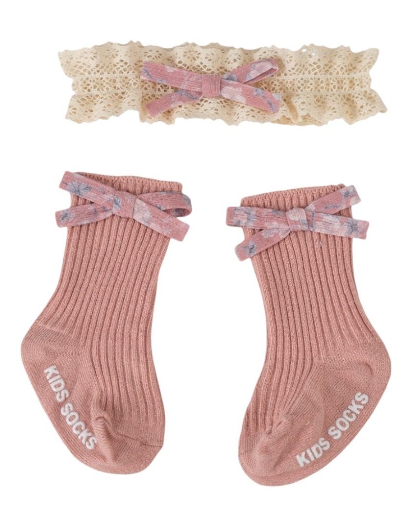 Victoria Ribbon Bow Turban and Socks Set - Multi-Color - 0-1 Year