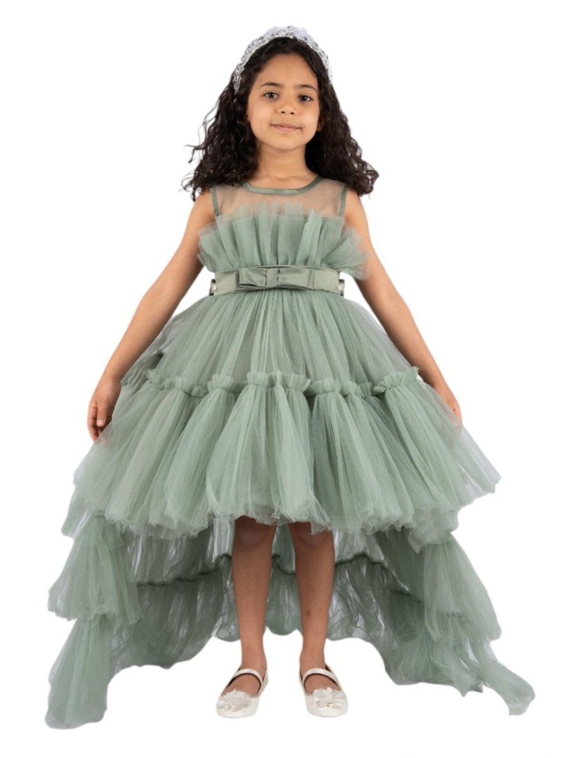Front Ruffle Hem Mesh Gown with Detachable Tail Dress