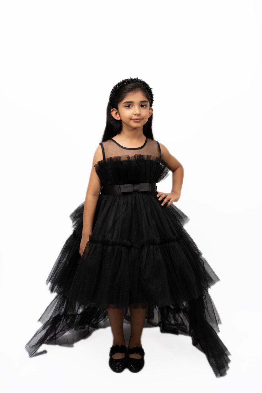 Bow Front Ruffle Hem Mesh Gown with Long Tail – D'Daniela, Dubai