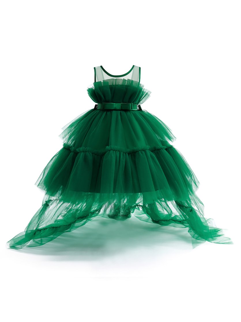 Bow Front Ruffle Hem Mesh Gown with long tail