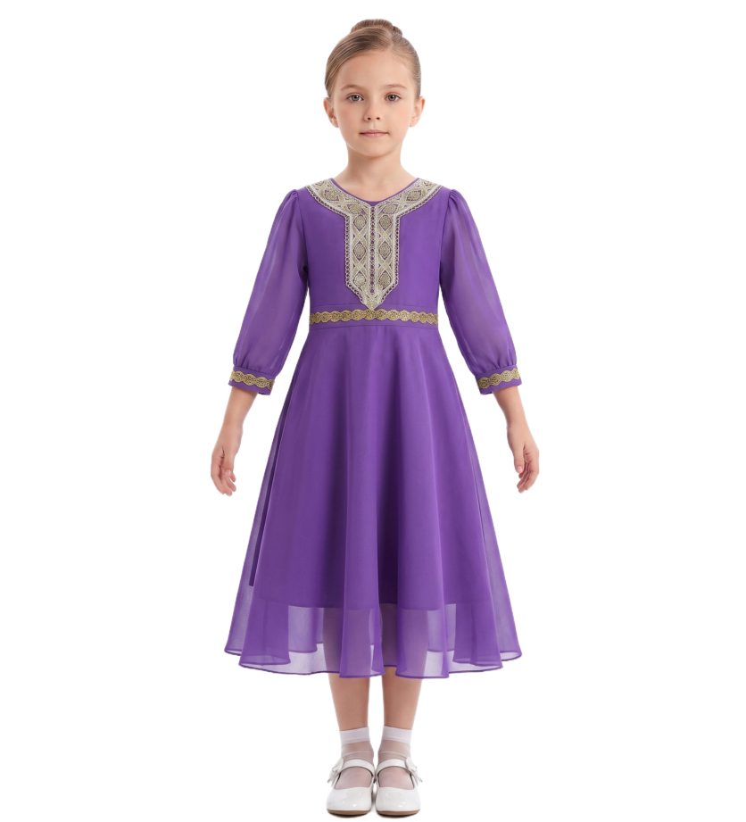 Purple Amira Gold-Embroidered Jalabiya - Purple - 8 to 12 Years – girls' dress by D'Daniela, Dubai