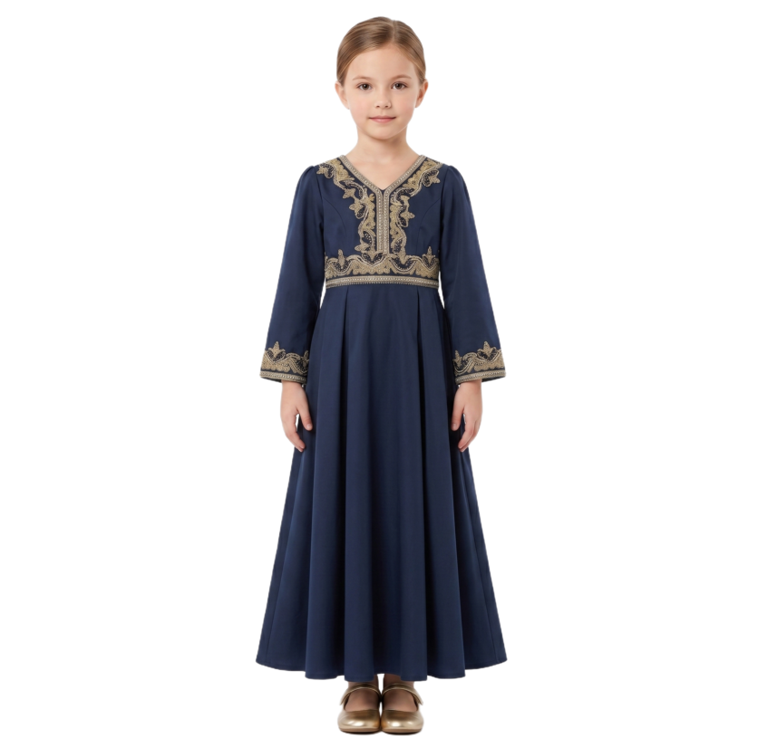 Royal Navy Kaftan with Gold Embroidery- Navy Blue - 8Y to 12Y – girls' dress by D'Daniela, Dubai