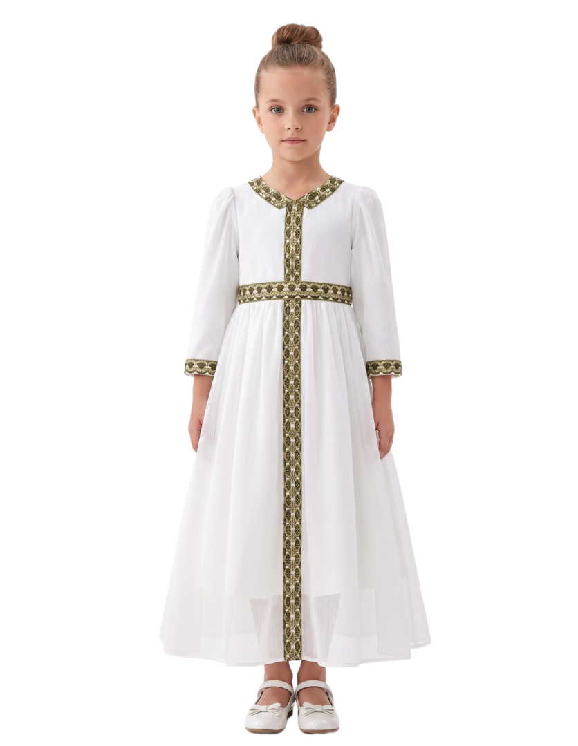 Elegant White Kaftan with Embroidered Empire Waist - White - 4Y to 7Y – girls' dress by D'Daniela, Dubai