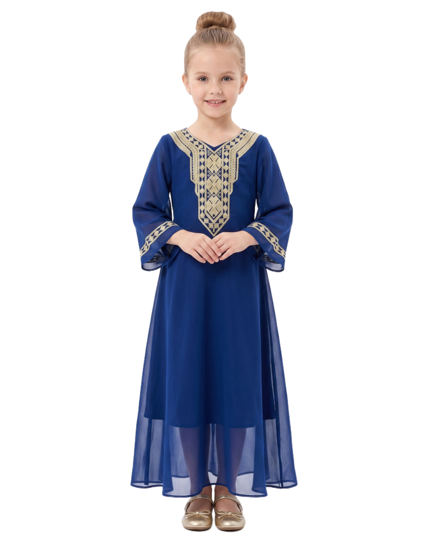 Midnight Blue Modest Gown with Gold Accents- Dark Blue - 4Y to 7Y – girls' dress by D'Daniela, Dubai