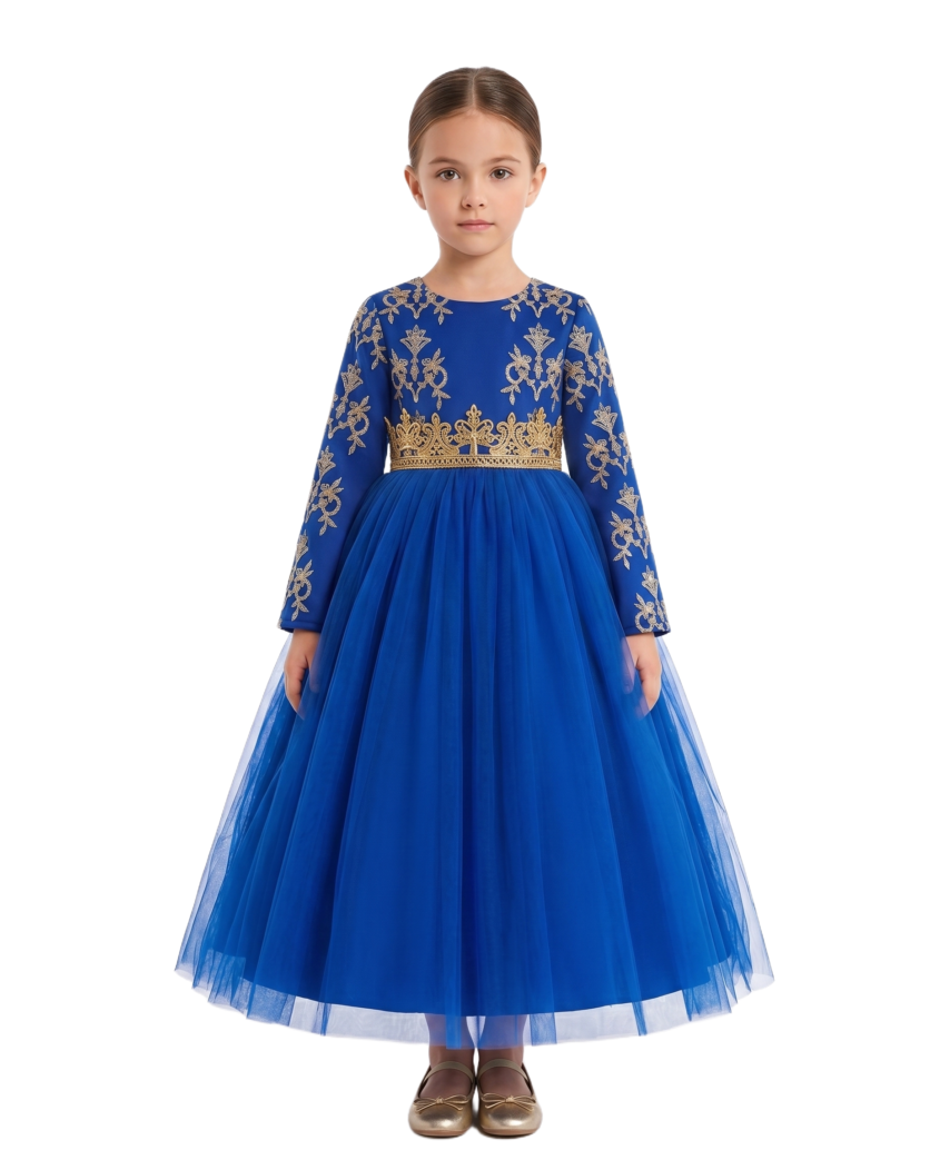 Girls' Sapphire Blue Gown with Gold Floral Bodice- Dark Blue - 4Y to 7Y – girls' dress by D'Daniela, Dubai