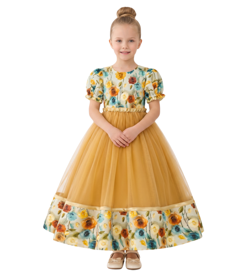 Girls' Gown with Vintage Floral Accents- Yellow - 8Y to 12Y – girls' dress by D'Daniela, Dubai