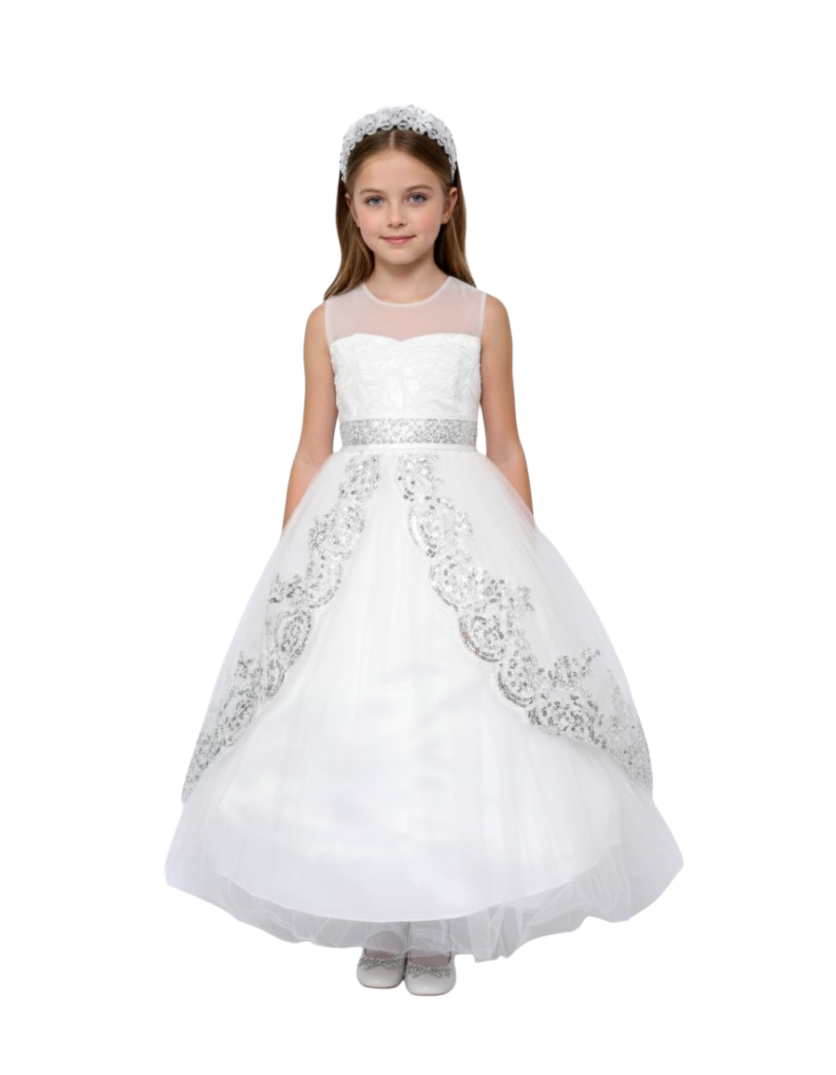 Sleeveless Princess Dress with Metallic Lace Detail- White - 4Y to 13Y – girls' dress by D'Daniela, Dubai