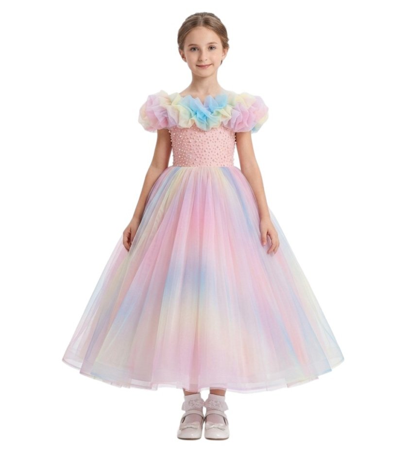 Bidani Pastel Rainbow Tulle Princess Gown Multicolor – Princess dress for girls – D'Daniela