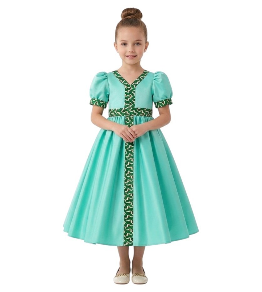 Bidani -  Majestic Teal Patterned-Trim Dress  - Green - 4Y To 7Y – girls' dress by D'Daniela, Dubai