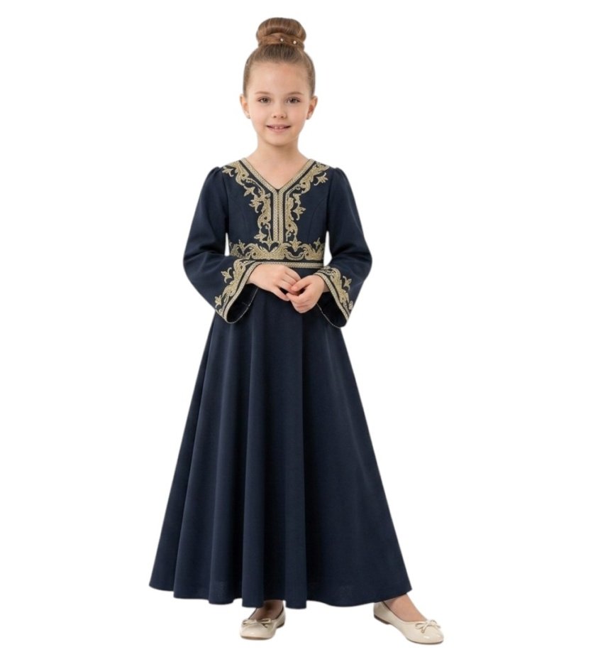Bidani - Royal Gold-Embroidered Jalabiya - Navy Blue - 8Y To 12Y – girls' dress by D'Daniela, Dubai