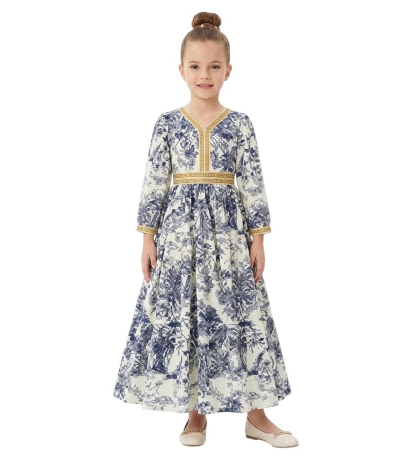 Bidani Ornate Blue Pattern Jalabiya with Gold Trim Detail - Multicolor - 4Y To 7Y – girls' dress by D'Daniela, Dubai
