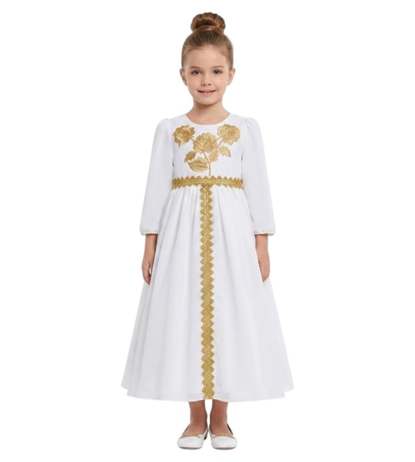 Bidani - Jalabiya with Gold Floral Embroidery - White - 4Y To 7Y – girls' dress by D'Daniela, Dubai
