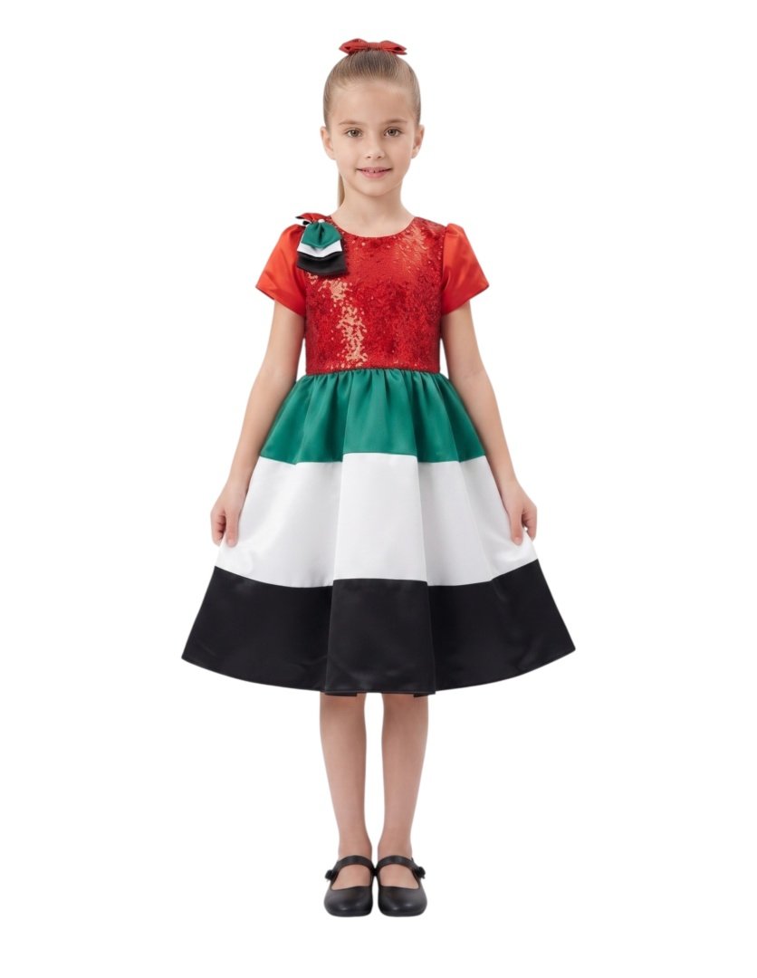 National Day Shimmer Bodice Tricolor Satin Party Dress