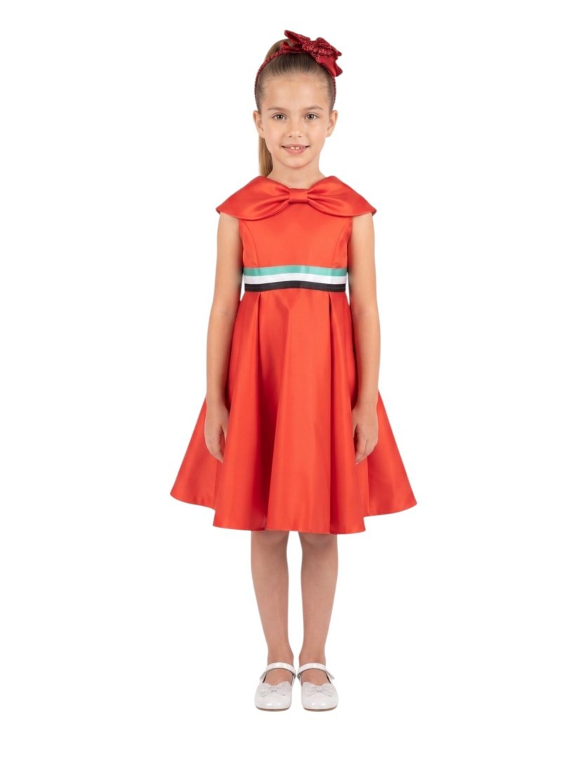 National Day Flag Ribbon Waist Pleated Satin Party Dress