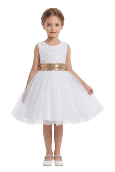 Beaded Floral Lace Bow Flower Girl Dress White