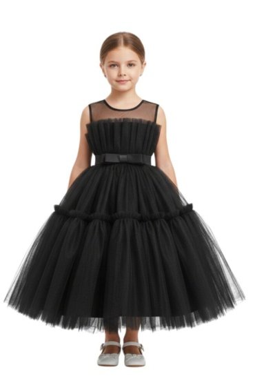 Toddler Girls Bow Front Ruffle Hem Mesh Gown Dress Black