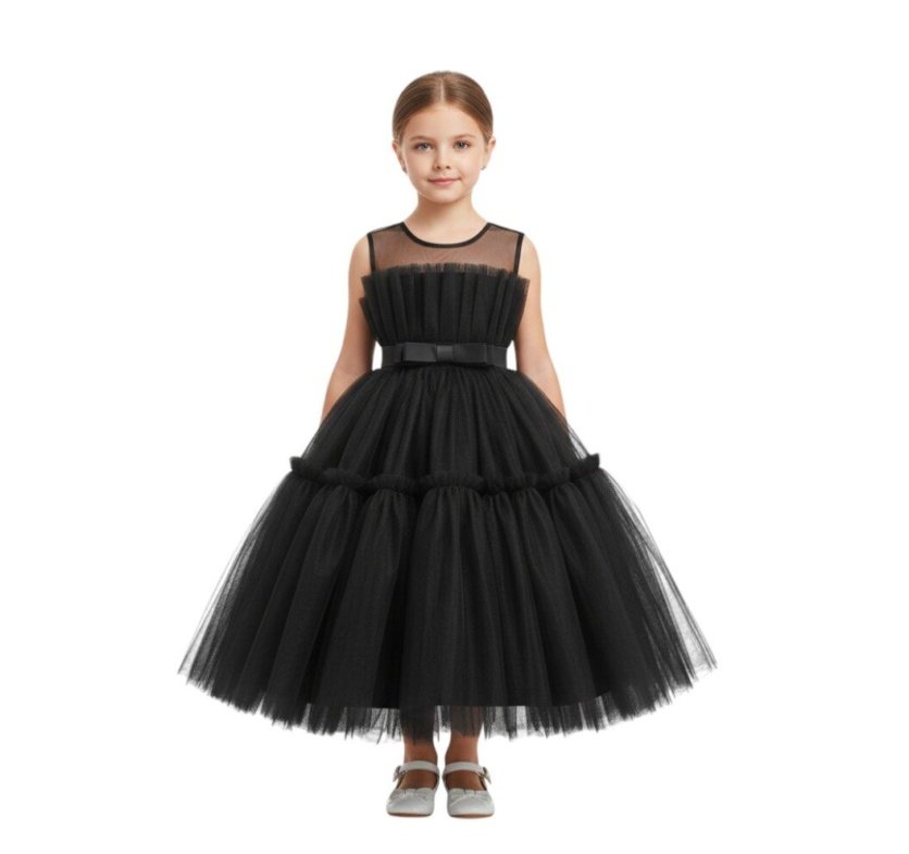 Toddler Girls Bow Front Ruffle Hem Mesh Gown Dress Black
