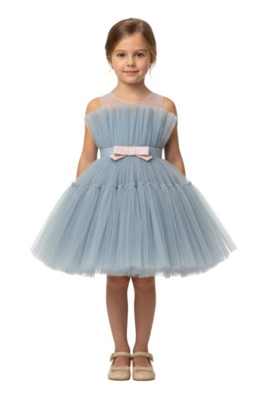 Toddler Girls Bow Front Ruffle Hem Mesh Gown Dress Blue Pink TI