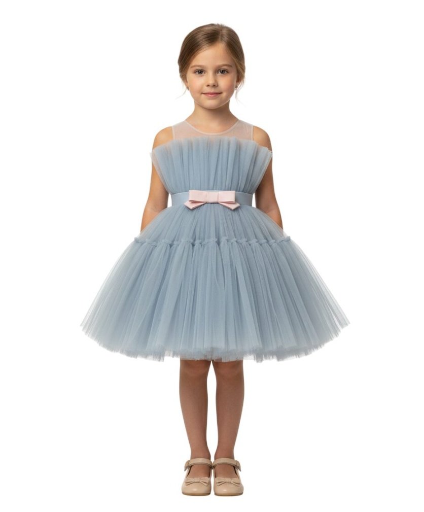 Toddler Girls Bow Front Ruffle Hem Mesh Gown Dress Blue Pink TI