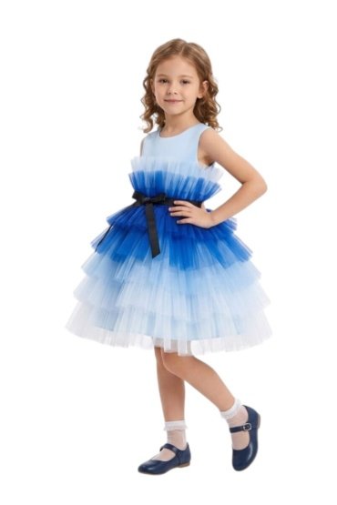 D' Daniela -Toddler Girls Bow Front Ruffle Hem Mesh Gown Dress Blue Shaded