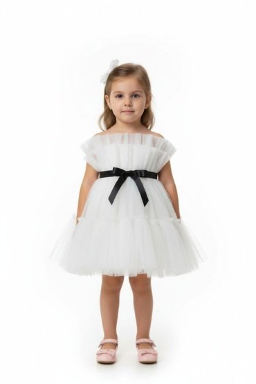 Toddler Girls Bow Front Ruffle Hem Mesh Gown Dress White black