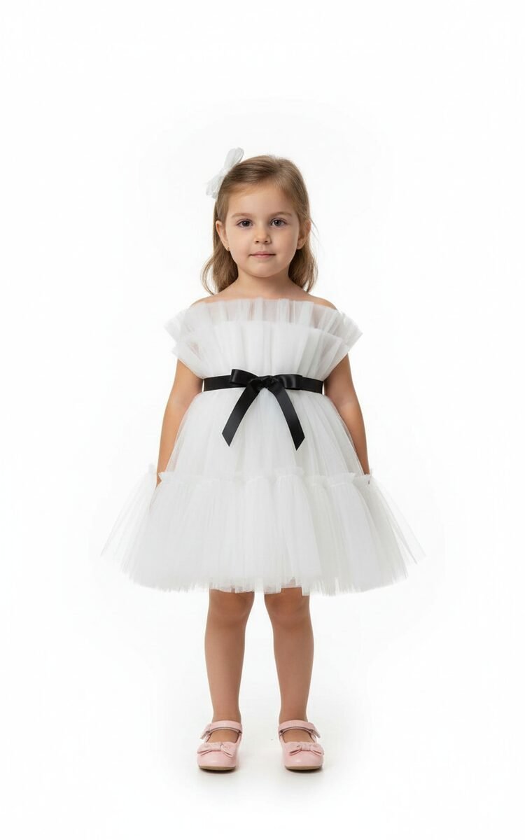 Toddler Girls Bow Front Ruffle Hem Mesh Gown Dress White black