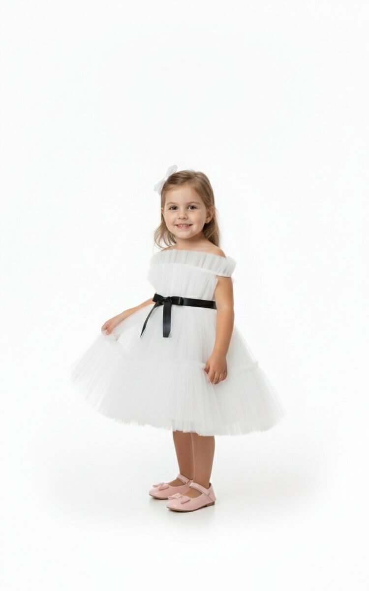 Toddler Girls Bow Front Ruffle Hem Mesh Gown Dress White black – photo 2