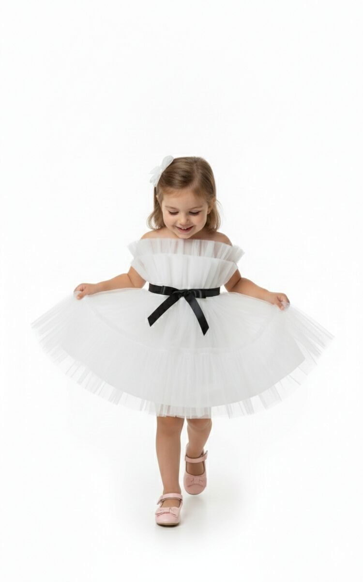 Toddler Girls Bow Front Ruffle Hem Mesh Gown Dress White black – photo 3
