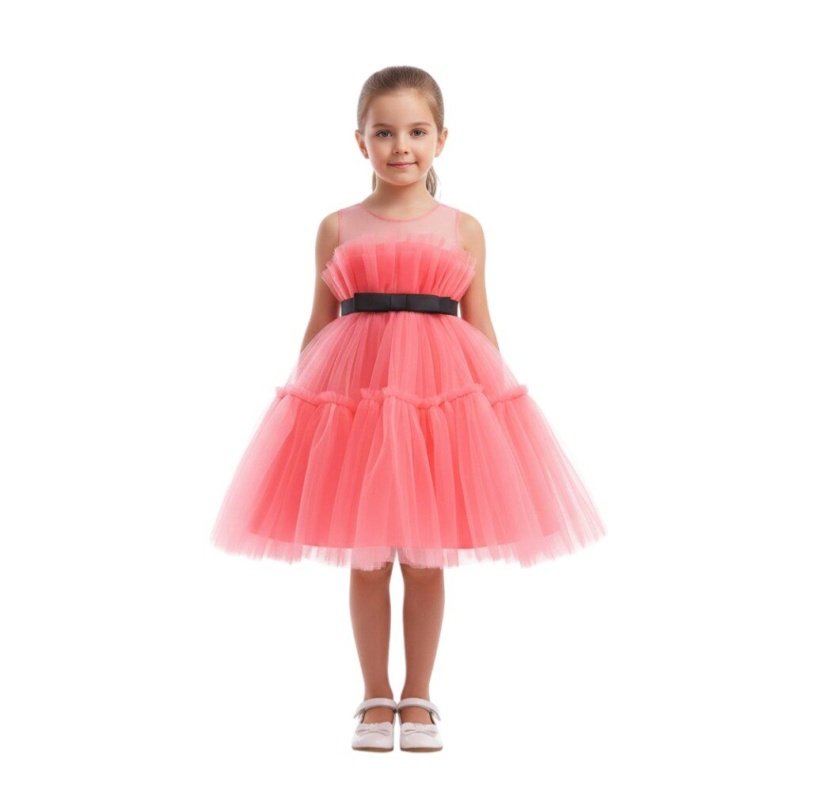 Teens Bow Front Ruffle Hem Mesh Gown Dress - Pink