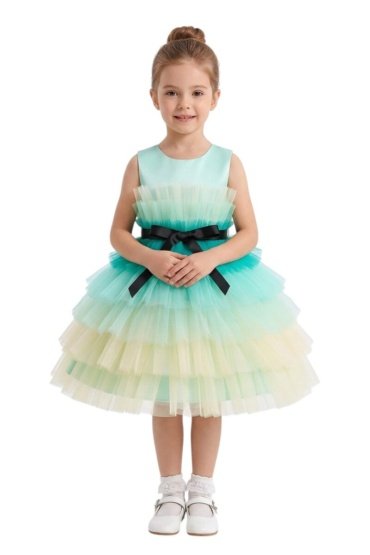 D' Daniela -Toddler Girls Bow Front Ruffle Hem Mesh Gown Dress Green Shaded