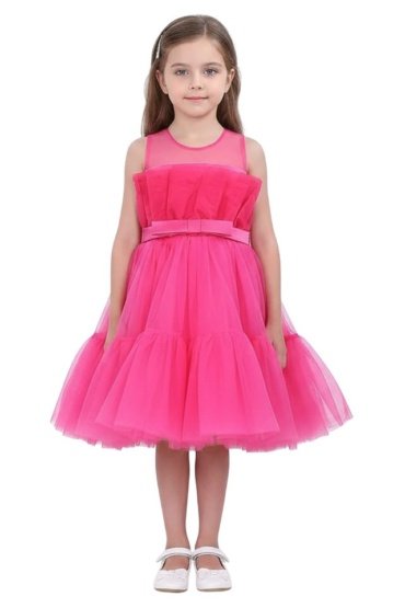 D' Daniela -Toddler Girls Bow Front Ruffle Hem Mesh Gown Dress Hot Pink TI