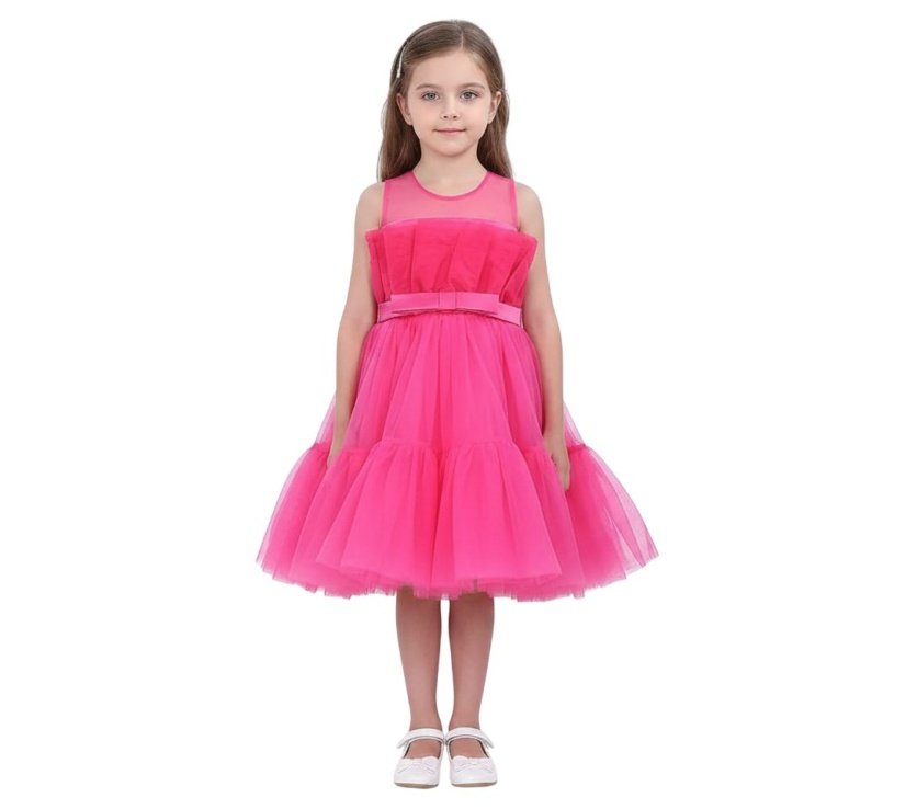 D' Daniela -Toddler Girls Bow Front Ruffle Hem Mesh Gown Dress Hot Pink TI