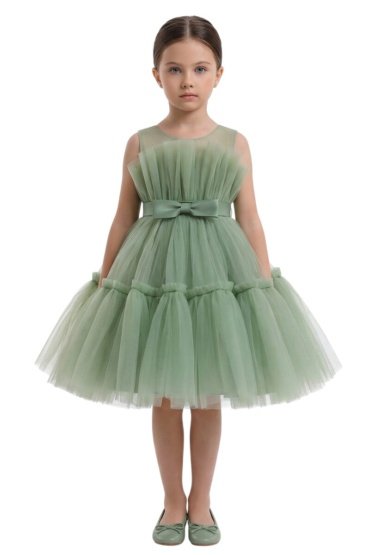 Toddler Girls Bow Front Ruffle Hem Mesh Gown Dress Olive Green