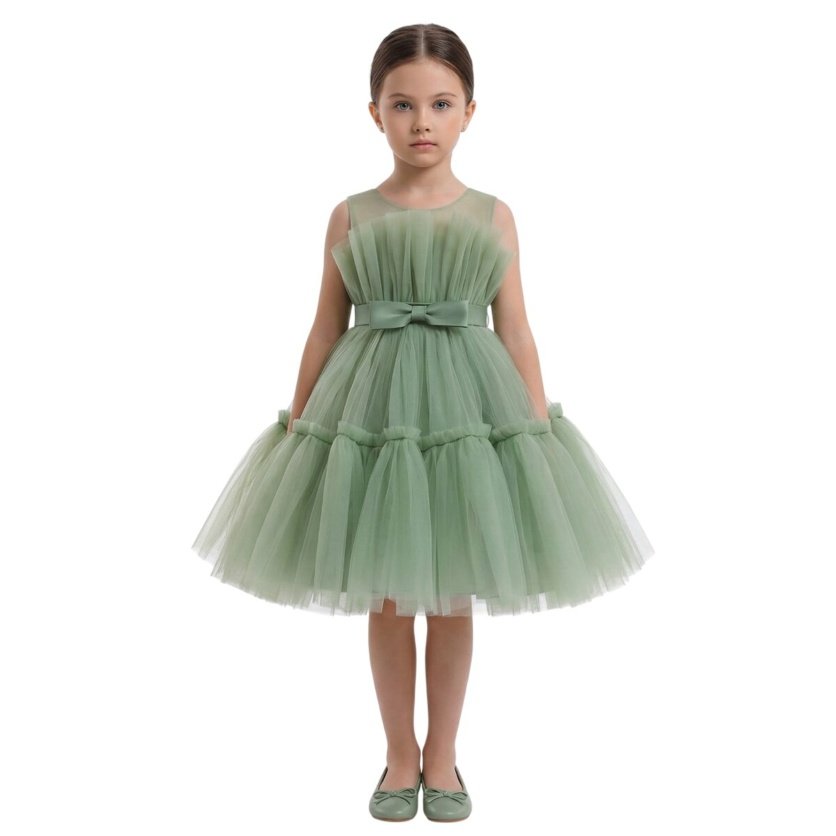 Toddler Girls Bow Front Ruffle Hem Mesh Gown Dress Olive Green
