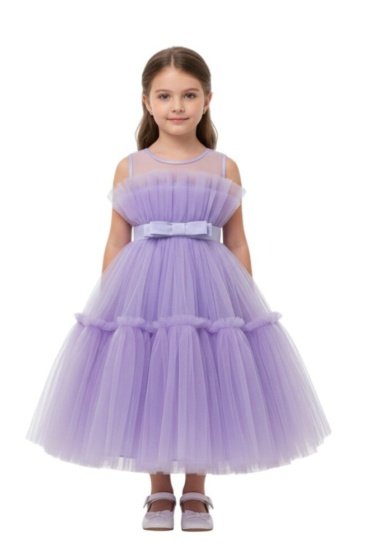 Toddler Girls Bow Front Ruffle Hem Mesh Gown Dress Lavander