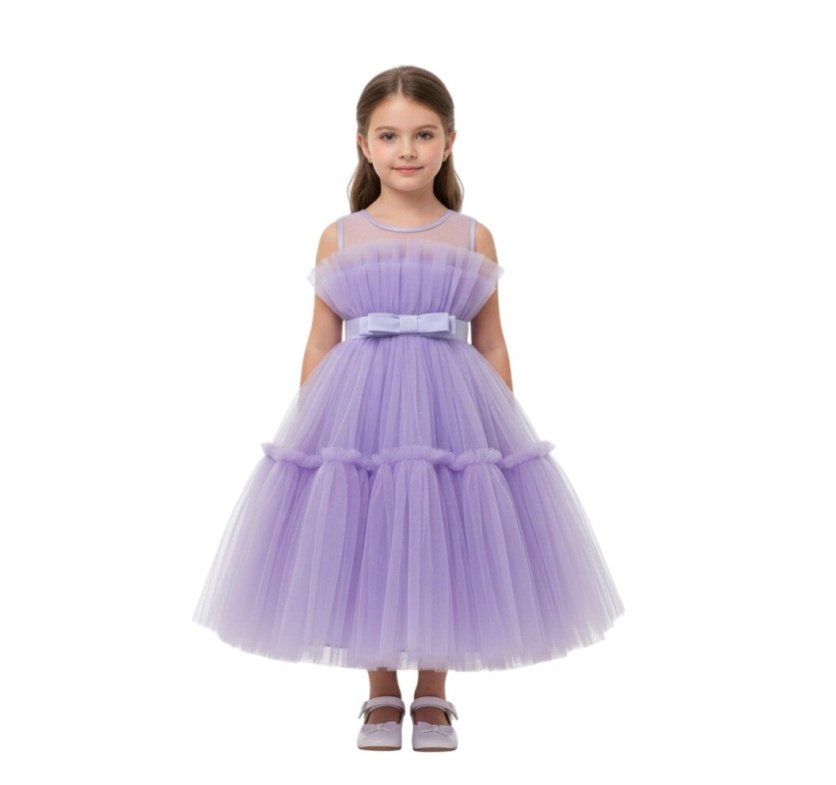 Toddler Girls Bow Front Ruffle Hem Mesh Gown Dress Lavander