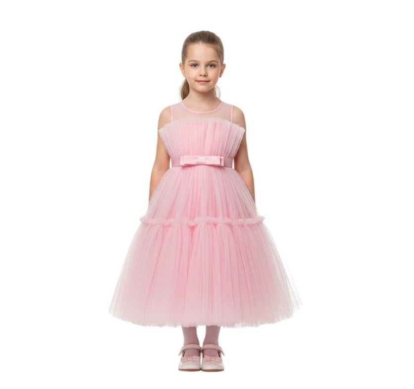 Toddler Girls Bow Front Ruffle Hem Mesh Gown Dress Light Pink