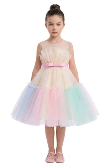 Toddler Girls Bow Front Ruffle Hem Mesh Gown Dress Multi Color