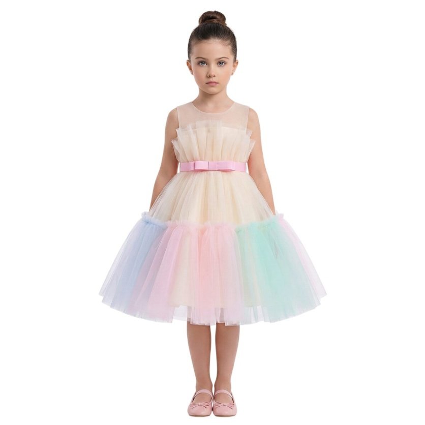 Toddler Girls Bow Front Ruffle Hem Mesh Gown Dress Multi Color