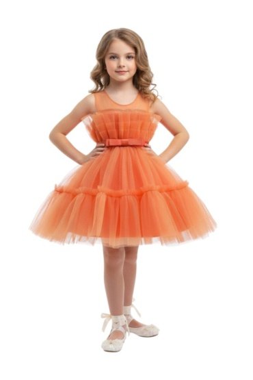 Toddler Girls Bow Front Ruffle Hem Mesh Gown Dress Orange