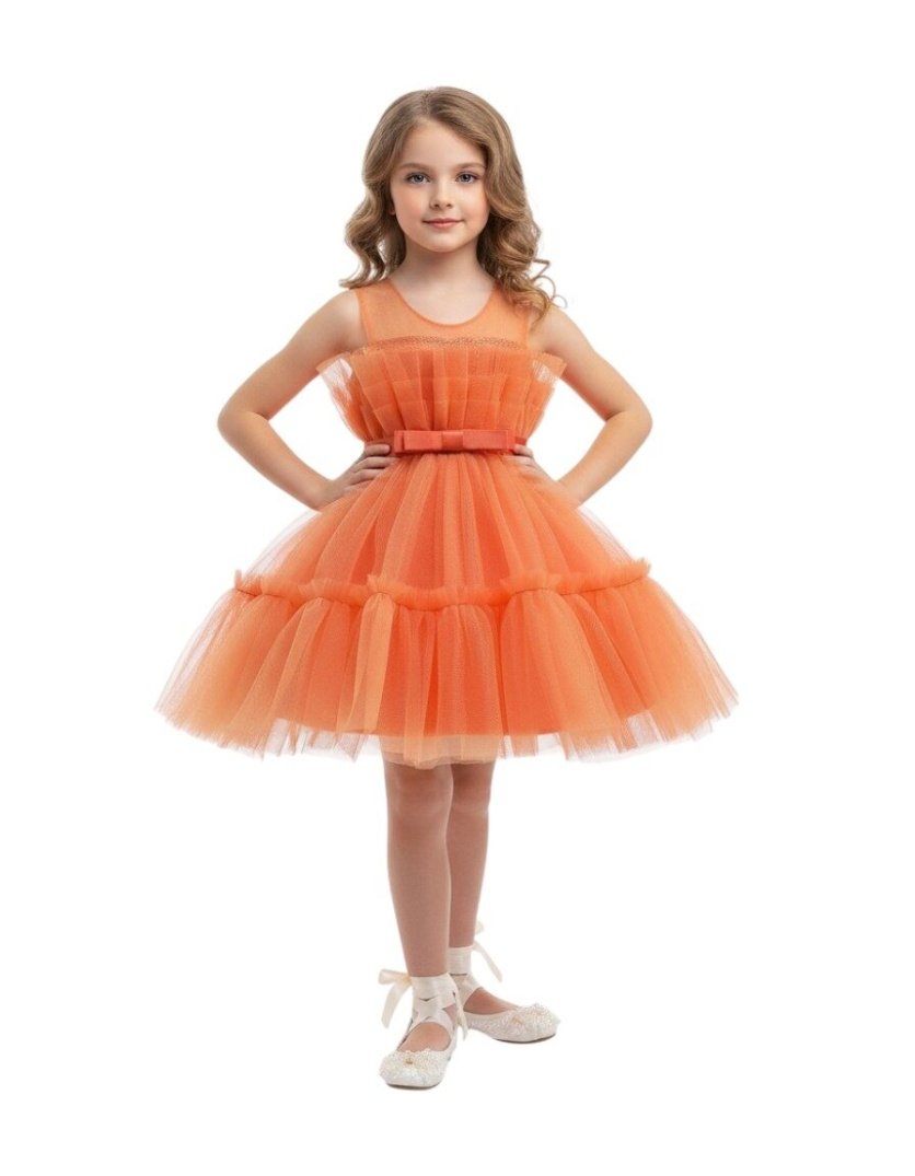 Toddler Girls Bow Front Ruffle Hem Mesh Gown Dress Orange