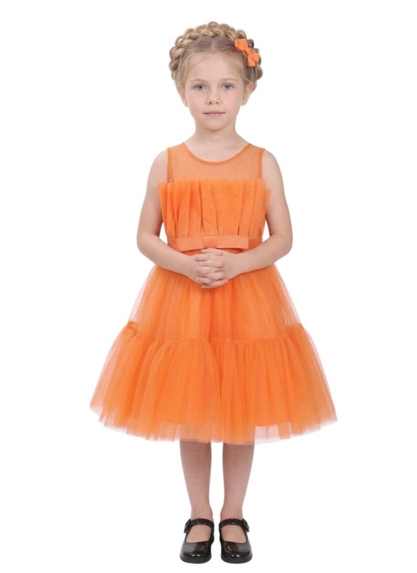 Toddler Girls Bow Front Ruffle Hem Mesh Gown Dress Light Orange TI