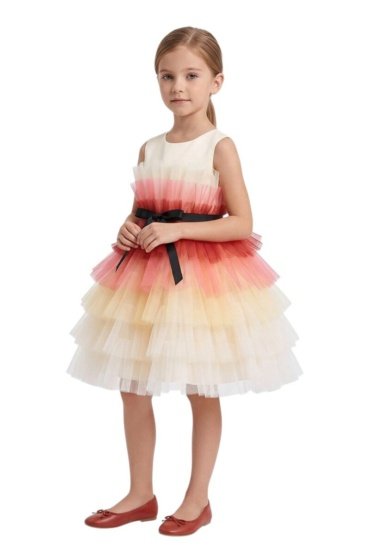 D' Daniela -Toddler Girls Bow Front Ruffle Hem Mesh Gown Dress Orange Shaded