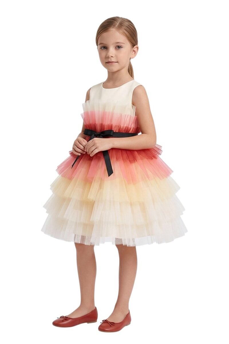 D' Daniela -Toddler Girls Bow Front Ruffle Hem Mesh Gown Dress Orange Shaded