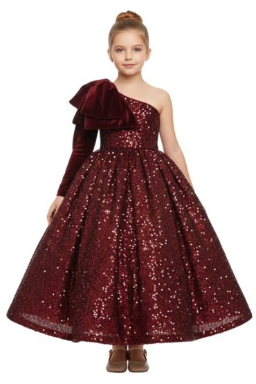 Heavy Sequins Side Bow Party Dress Girls Maroon