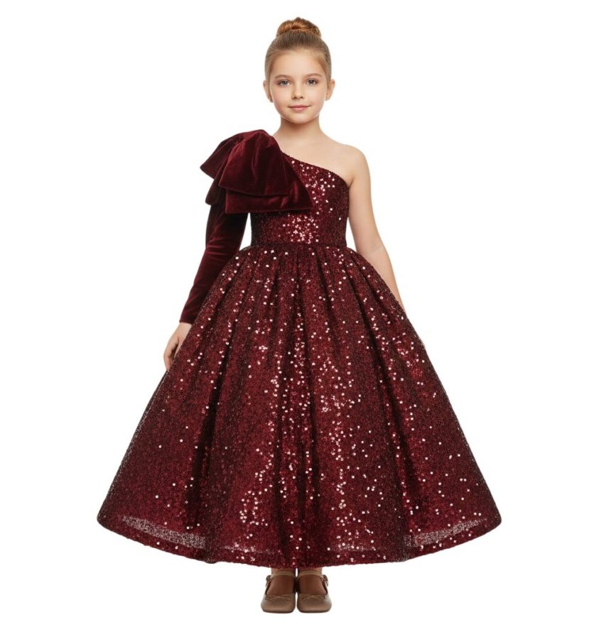 Heavy Sequins Side Bow Party Dress Girls Maroon
