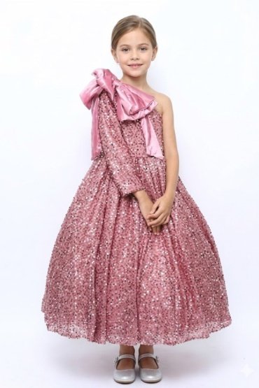 Heavy Sequins Side Bow Party Dress Girls Bean Powder