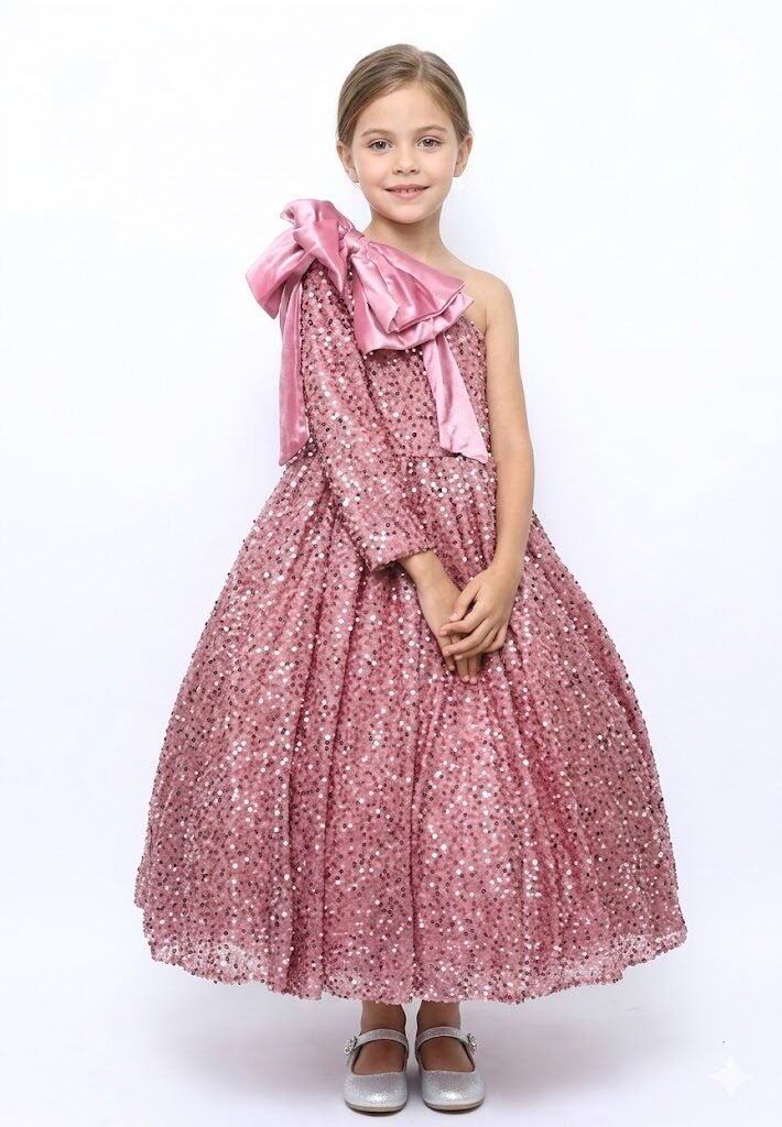 Heavy Sequins Side Bow Party Dress Girls Bean Powder