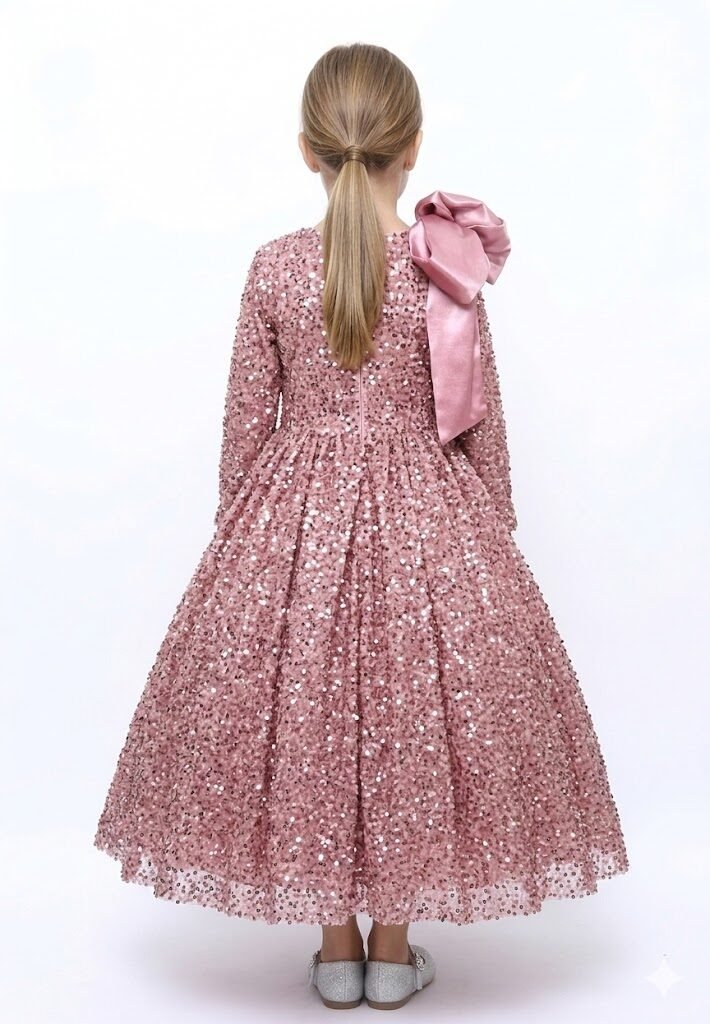 Heavy Sequins Side Bow Party Dress Girls Bean Powder – photo 2