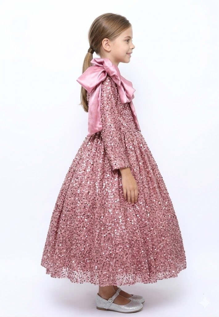 Heavy Sequins Side Bow Party Dress Girls Bean Powder – photo 3